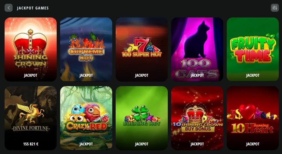 Jackpot spēles Drip Casino – kategorijas skats